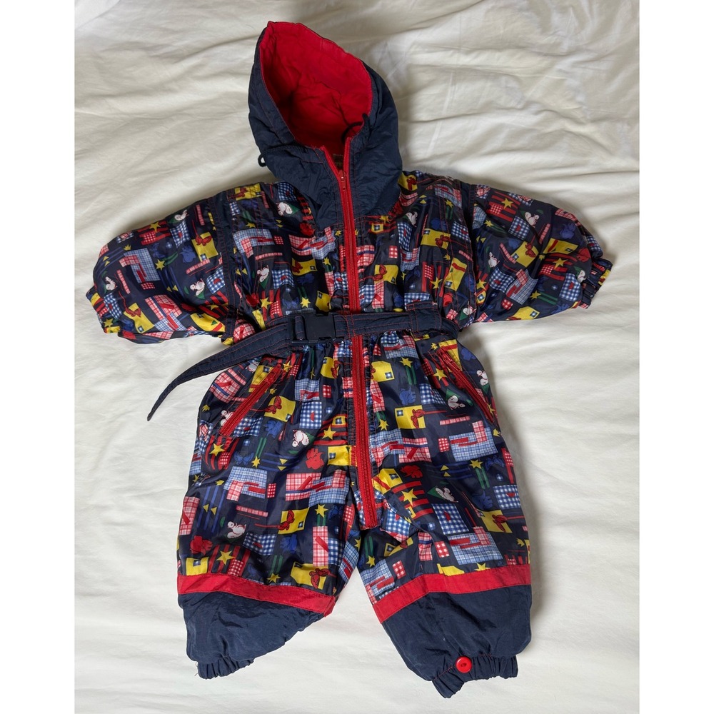 VTG Kids Formicula Blue Red Cartoon Print Hooded Snowsuit Belted Winter Jumpsuit